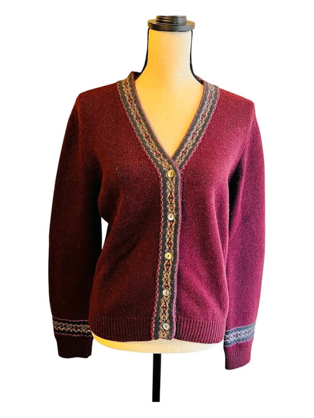 VTG 100% Lambswool Maroon V-Neck Button Fair Isle Accent Cardigan Sweater S